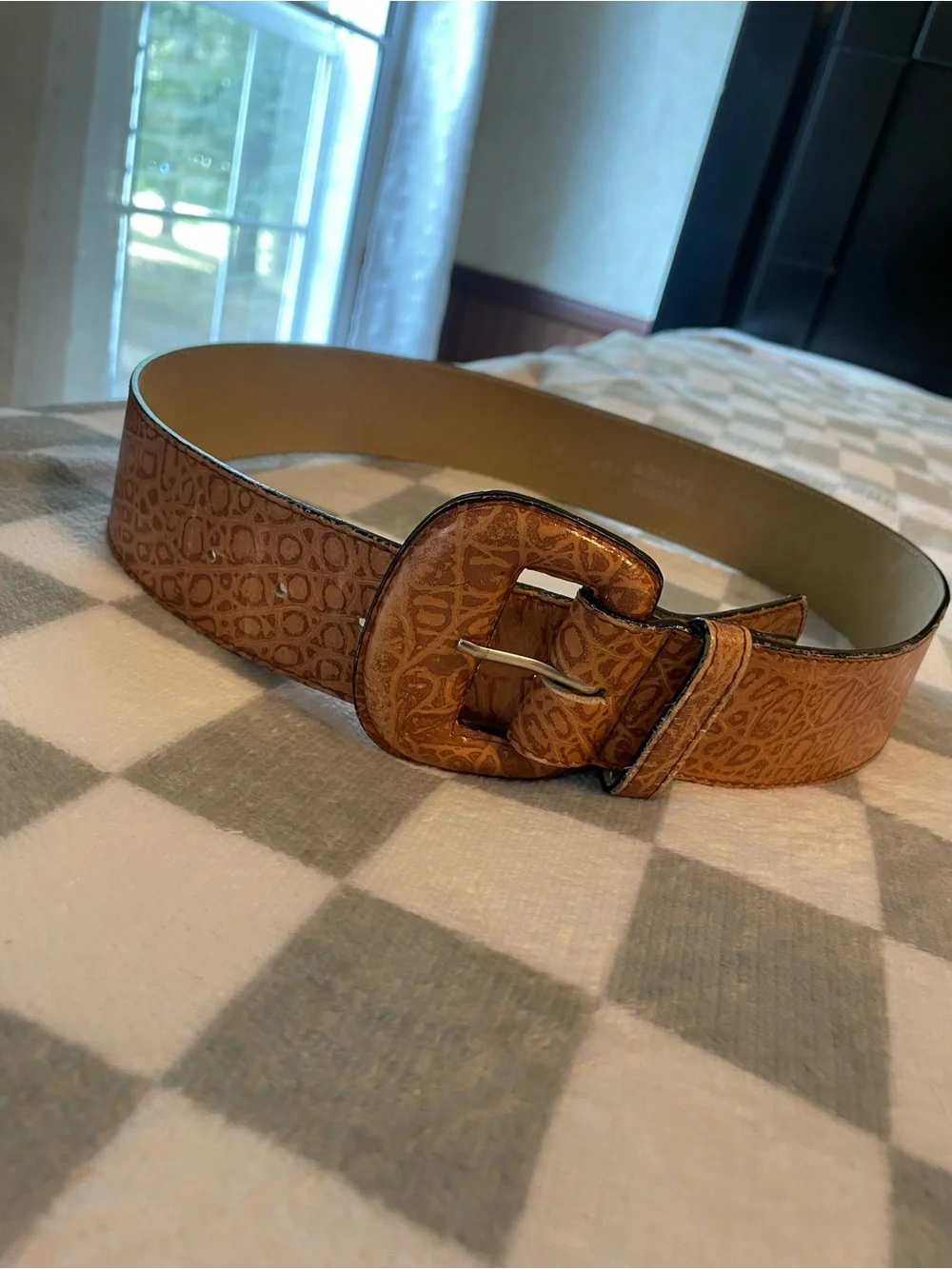 Tan Embossed Leather Statement Belt with Matching Buckle